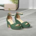 Colorful Chunky Heels with Ankle Strap - Green