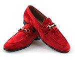Red Velvet Loafers with Gold Buckle for Men