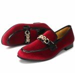 Men's Red Velvet Loafers with Gold Chain