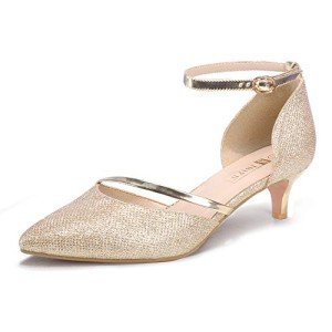 IDIFU Women’s Gold Low Kitten Heels Pumps