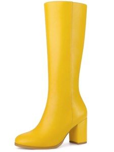 Bright Yellow Knee High Block Heel Boots for Women