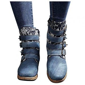 Boho Floral Denim Ankle Boots for Women