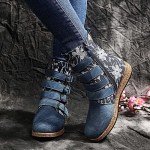 Boho Floral Denim Ankle Boots for Women
