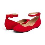 Red Suede Low Wedge Ankle Strap Flats