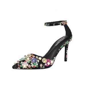 Colorful Rhinestone Floral Print Ankle Strap Heels
