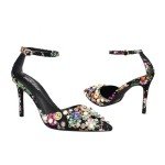 Colorful Rhinestone Floral Print Ankle Strap Heels