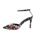 Colorful Rhinestone Floral Print Ankle Strap Heels