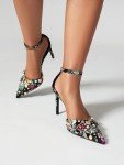 Colorful Rhinestone Floral Print Ankle Strap Heels