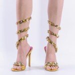 Colorful Rhinestone Ankle Wrap Heeled Sandals