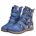 Boho Floral Denim Ankle Boots for Women