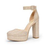 Gold Glitter Chunky Heel Platform Pumps for Women