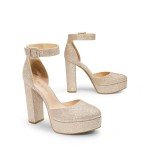 Gold Glitter Chunky Heel Platform Pumps for Women