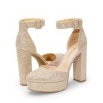 Gold Glitter Chunky Heel Platform Pumps for Women