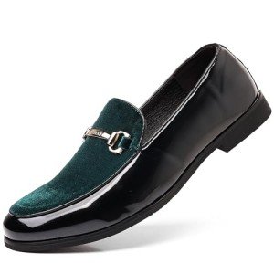 COSIDRAM Men's Casual Shoes Fashion Velvet Patent Leather Loafers Classic Gold Buckle Business Party Shoes Green 10