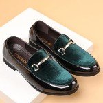COSIDRAM Men's Casual Shoes Fashion Velvet Patent Leather Loafers Classic Gold Buckle Business Party Shoes Green 10