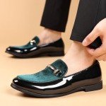COSIDRAM Men's Casual Shoes Fashion Velvet Patent Leather Loafers Classic Gold Buckle Business Party Shoes Green 10