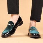 COSIDRAM Men's Casual Shoes Fashion Velvet Patent Leather Loafers Classic Gold Buckle Business Party Shoes Green 10