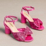 Fuchsia Heeled Sandals with Bowknot and Sequins