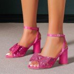 Fuchsia Heeled Sandals with Bowknot and Sequins