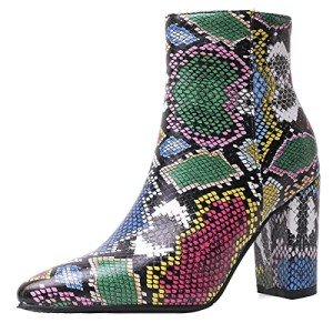Colorful Snakeskin Chunky High Heels Booties