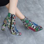 Colorful Snakeskin Chunky High Heels Booties