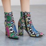 Colorful Snakeskin Chunky High Heels Booties