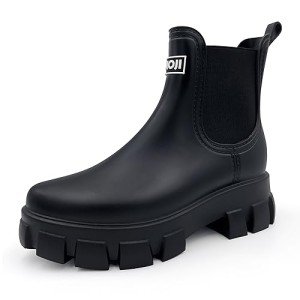 Amoji Waterproof Platform Chelsea Rain Boots - Black