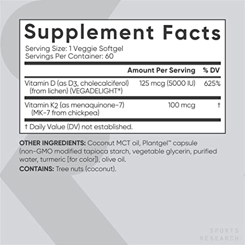 Sports Research Plant-Based Vitamin D3 + K2 Softgel (60ct)