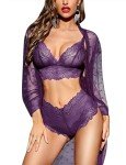 RS LOVE Purple Lace Lingerie Set with Mesh Robe – 3 Pieces
