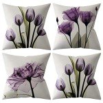 Purple Flower Throw Pillow Covers Set of 4