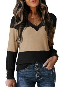 Dokotoo Women's Color Block V-Neck Long Sleeve Top