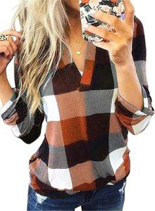 Dokotoo Women's V-Neck Plaid Long Sleeve Blouse