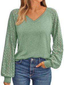 Trendy Women's V-Neck Lace Long Sleeve Top