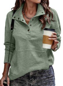 SHEWIN Lightweight Long Sleeve Button-Up Sweatshirt for Women