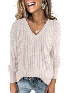 Beige Oversized V-Neck Sweater for Women
