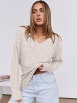 Beige Oversized V-Neck Sweater for Women