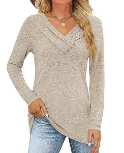 Khaki Long Sleeve V-Neck Tunic for Leggings