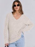 Beige Oversized V-Neck Sweater for Women