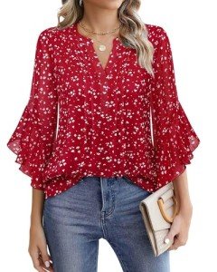 Spotted Red 3/4 Sleeve Chiffon Blouse for Work