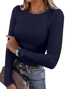 ANRABESS Women's Navy Slim Fit Long Sleeve Tee