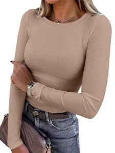 ANRABESS Women's Long Sleeve Rib Knit Tee - Khaki
