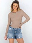 ANRABESS Women's Long Sleeve Rib Knit Tee - Khaki