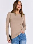 ANRABESS Women's Long Sleeve Rib Knit Tee - Khaki