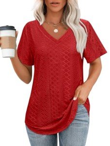 OFEEFAN Women's Red V Neck Tunic Top