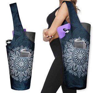 Mandala Black Yoga Mat Tote Bag with Pockets