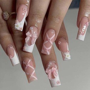 Pink Rhinestone Press-On Nails with 3D Flowers