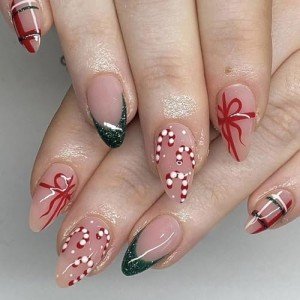 Holiday Press-On Nails with Glitter & Candy Canes