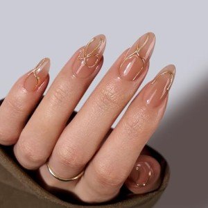 Fall Almond Press On Nails with Gold Design
