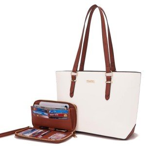 Stylish Women’s Large Tote Handbag Set - Brown & White