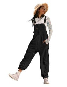 YESNO Women's Black Corduroy Harem Overalls with Pockets